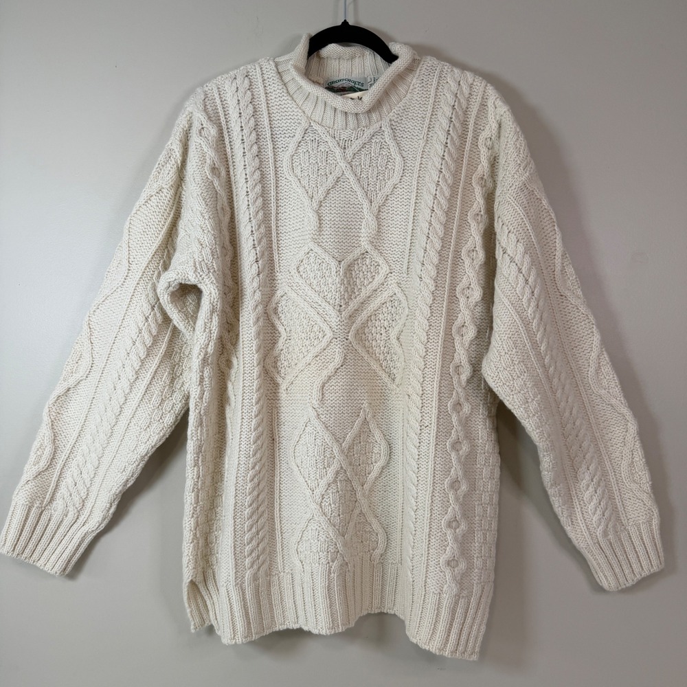 Aran Crafts Wool Rolled Neck Fisherman Knit Irish Sweater Cable Clover Authentic